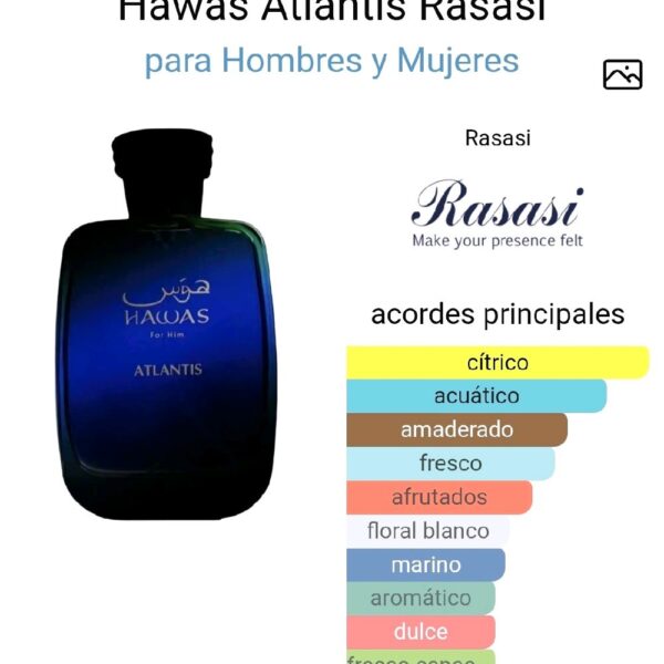Hawas Atlantis Rasasi para Hombres y Mujeres - Perfume Versátil y Universal para Diversas Ocasiones