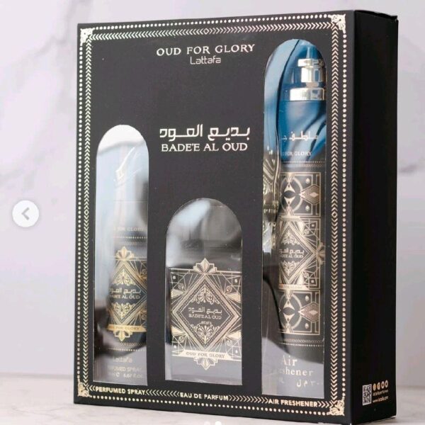 Set Bade’e Al Oud Oud for Glory Lattafa 3 Piezas PERFUME + AEROSOL + HAIR FRESH
