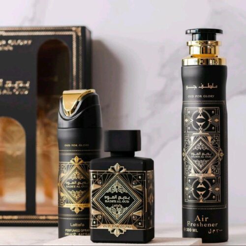 Set Bade’e Al Oud Oud for Glory Lattafa 3 Piezas PERFUME + AEROSOL + HAIR FRESH